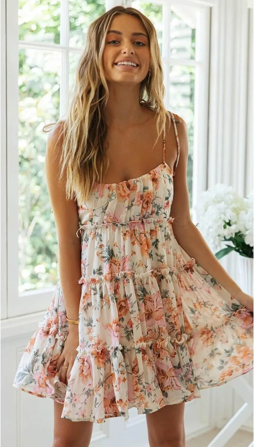 Women's Floral mini Dress Bohemian Flower Skating Spaghetti Strap Ruffled Sleeveless Beach Summer Dress