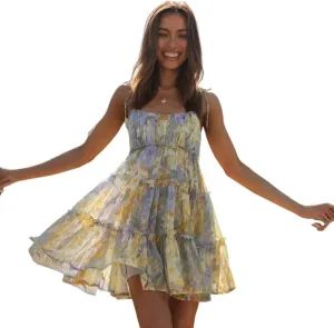 Women's Floral mini Dress Bohemian Flower Skating Spaghetti Strap Ruffled Sleeveless Beach Summer Dress