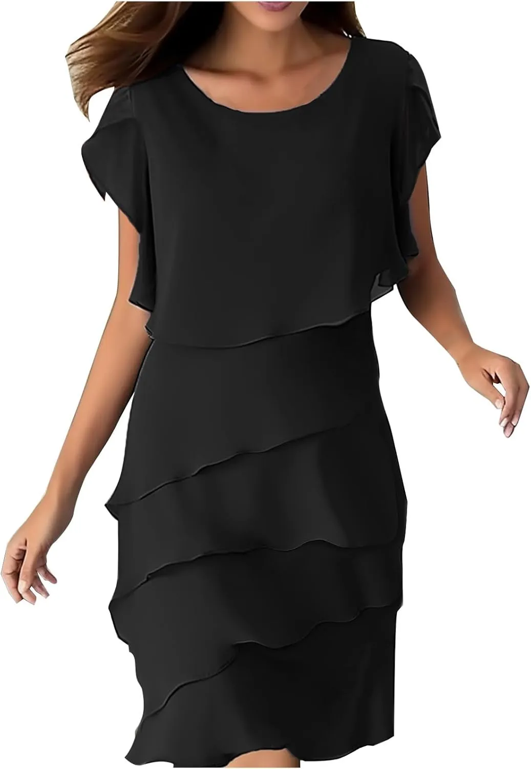 Women's Flowy Chiffon Tiered Midi Dress Summer Elegant Short Sleeve Layered Cocktail Dresses Evening Gown Wedding Guest Dress