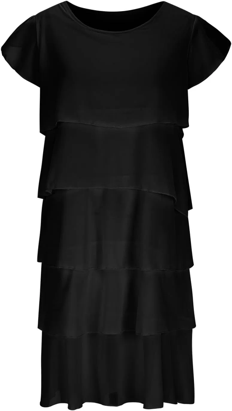 Women's Flowy Chiffon Tiered Midi Dress Summer Elegant Short Sleeve Layered Cocktail Dresses Evening Gown Wedding Guest Dress