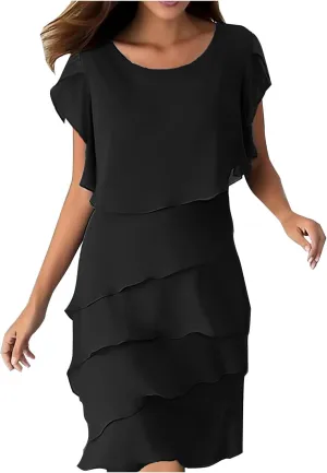 Women's Flowy Chiffon Tiered Midi Dress Summer Elegant Short Sleeve Layered Cocktail Dresses Evening Gown Wedding Guest Dress