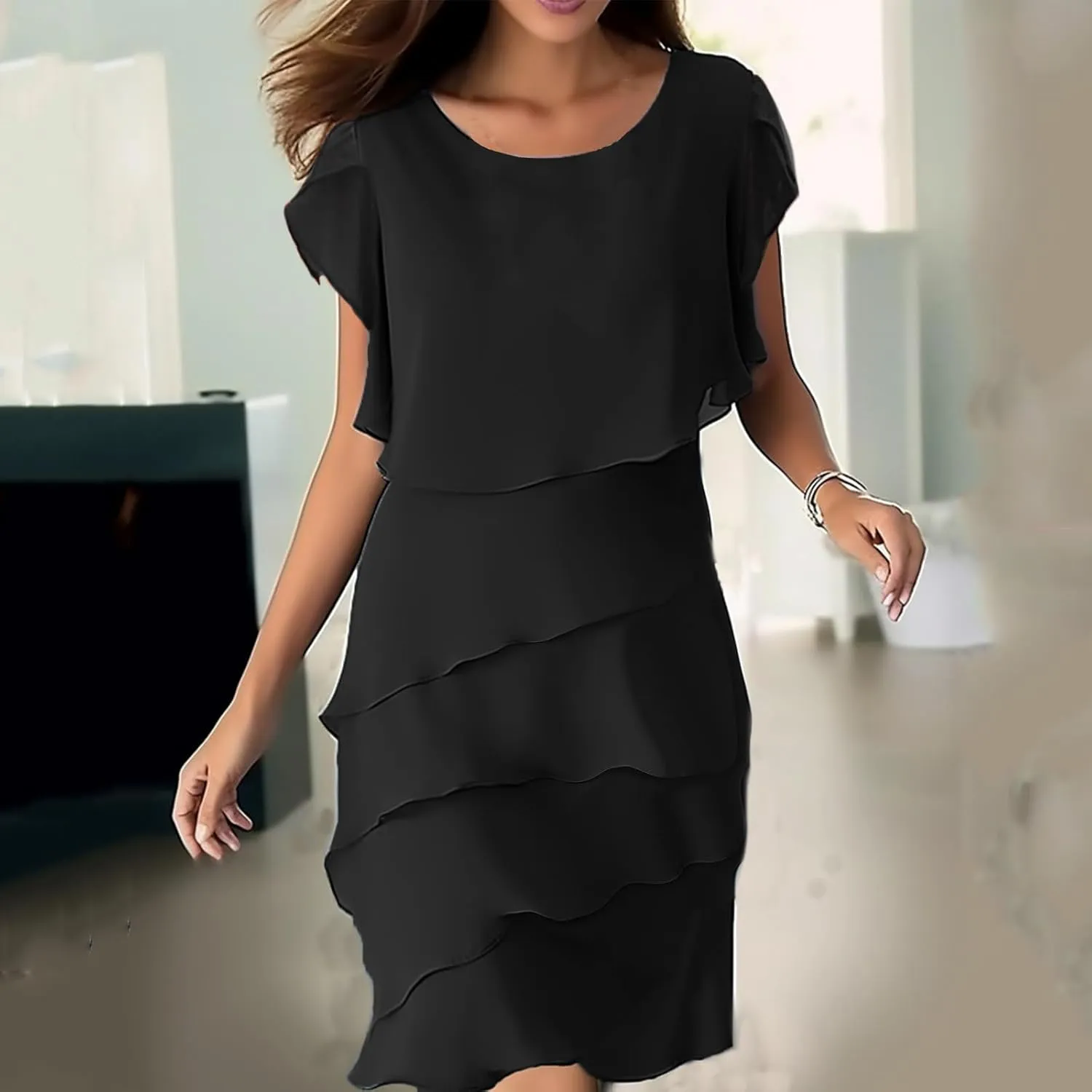 Women's Flowy Chiffon Tiered Midi Dress Summer Elegant Short Sleeve Layered Cocktail Dresses Evening Gown Wedding Guest Dress
