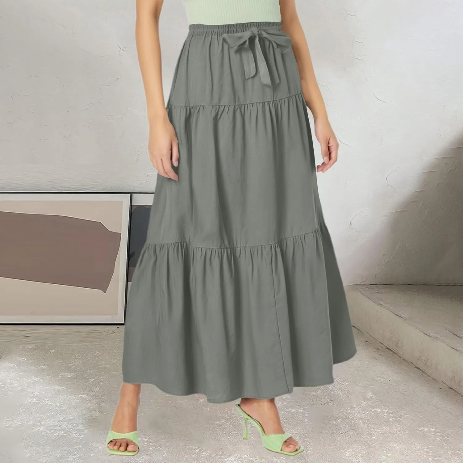 Women's Flowy Flared Ruffle Boho Long Skirt Casual a-line Bow tie Loose Trendy Summer Maxi Skirt for Women Vacation