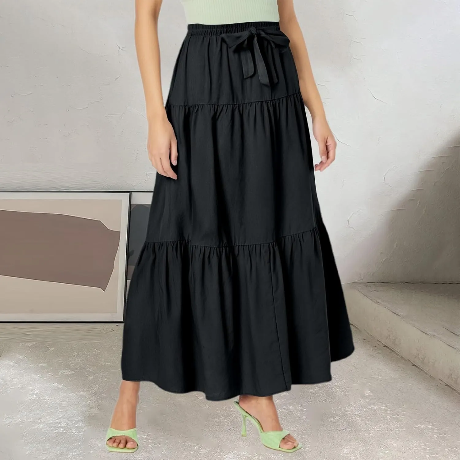 Women's Flowy Flared Ruffle Boho Long Skirt Casual a-line Bow tie Loose Trendy Summer Maxi Skirt for Women Vacation