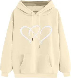Women's Graphic Hoodies Heart Print Drawstring Long Sleeve Pocket Sweatshirt Casual Loose Fit Crewneck Pullover Tops