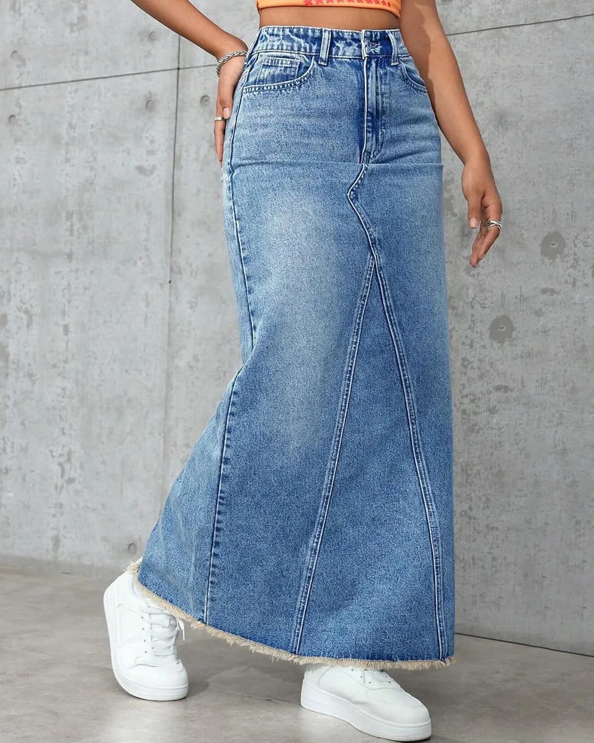 Women's High Waisted Maxi A line Denim Skirt Frayed Raw Hem Casual Long Jean Skirt with Pockets