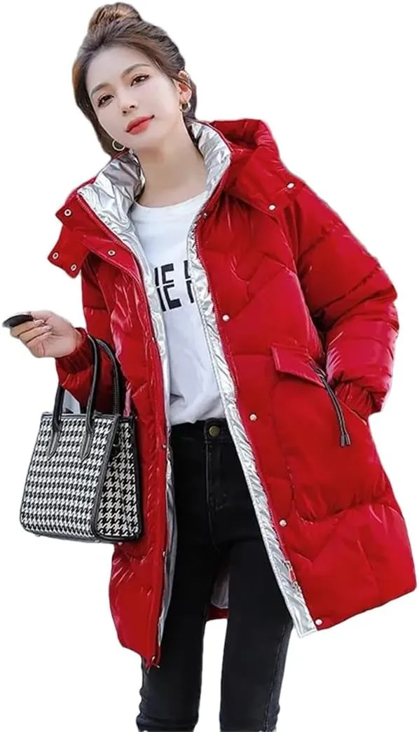 Womens Loose Padded Jacket Size Hooded Long Parkas Down Cotton Coat Bright Face Wash Free Jacket