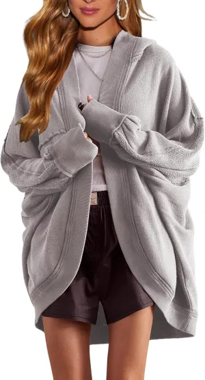 Womens Oversized Cardigan Hooded Open Front Sweatshirt Drop Shoulder Long Sleeve Fall Jackets Outwear