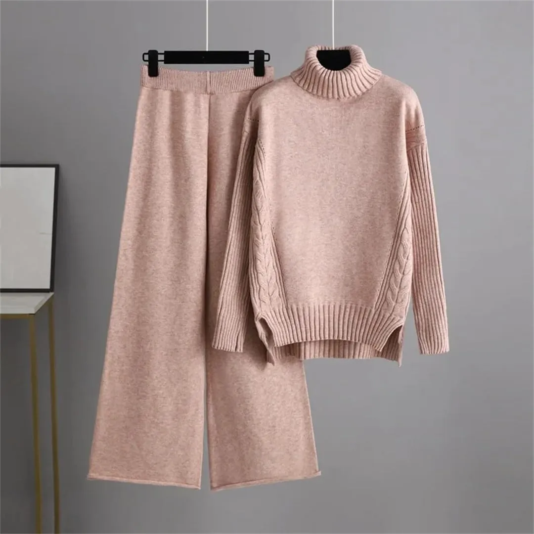 WomenS Oversized Knitted Tracksuit Set Turtleneck Sweater Harem Pants Warm Winter Casual Outfit