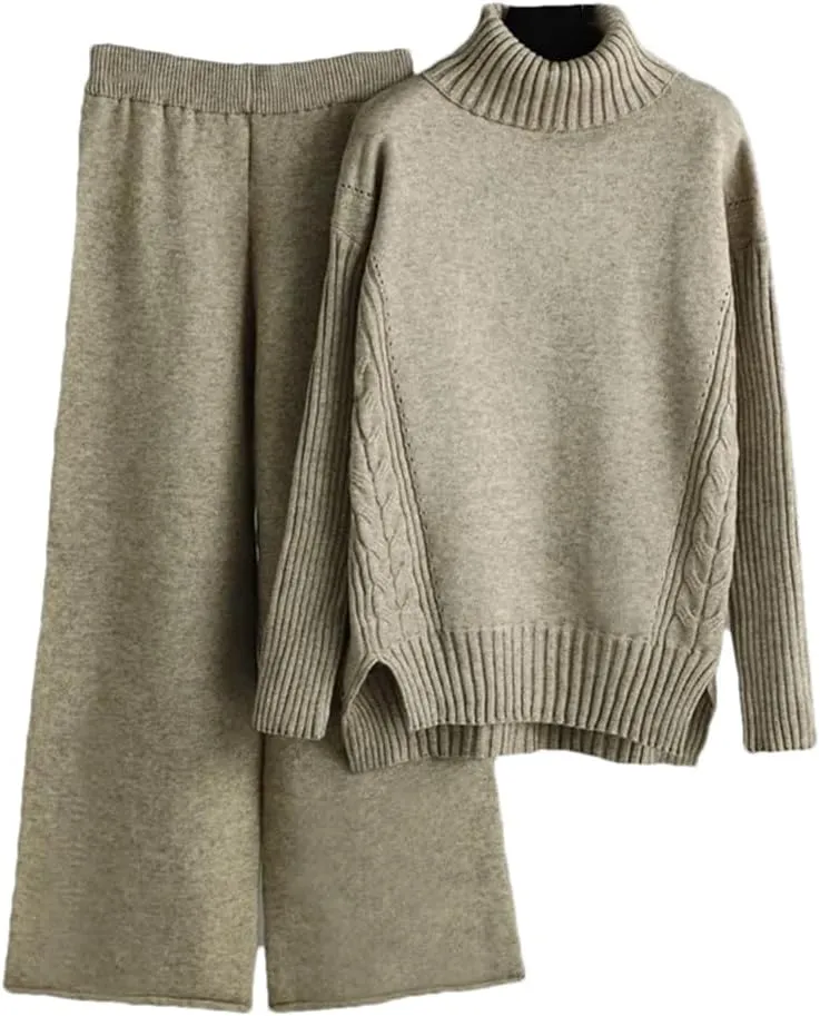 WomenS Oversized Knitted Tracksuit Set Turtleneck Sweater Harem Pants Warm Winter Casual Outfit