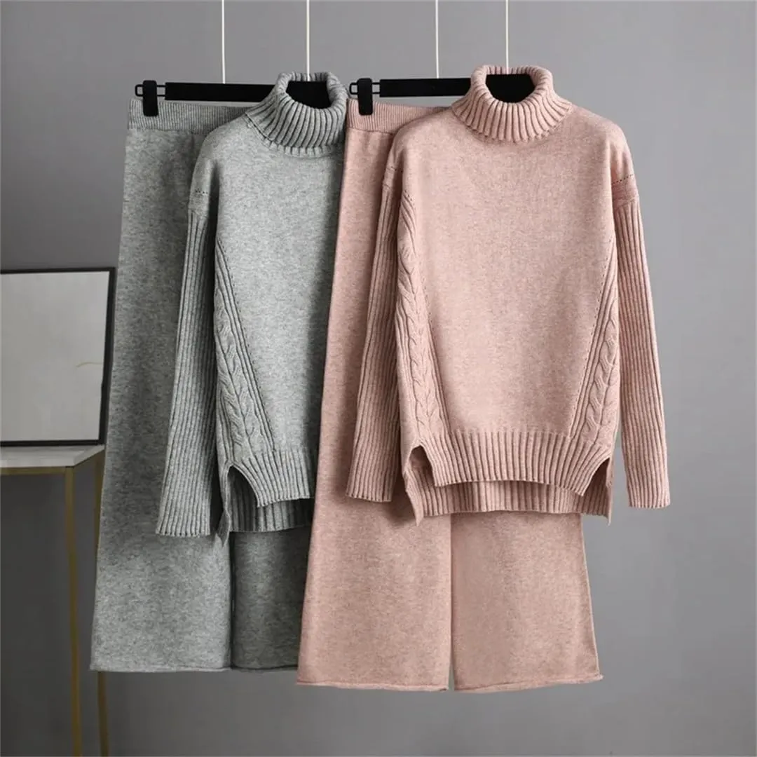 WomenS Oversized Knitted Tracksuit Set Turtleneck Sweater Harem Pants Warm Winter Casual Outfit