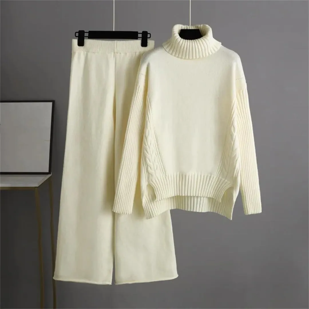 WomenS Oversized Knitted Tracksuit Set Turtleneck Sweater Harem Pants Warm Winter Casual Outfit