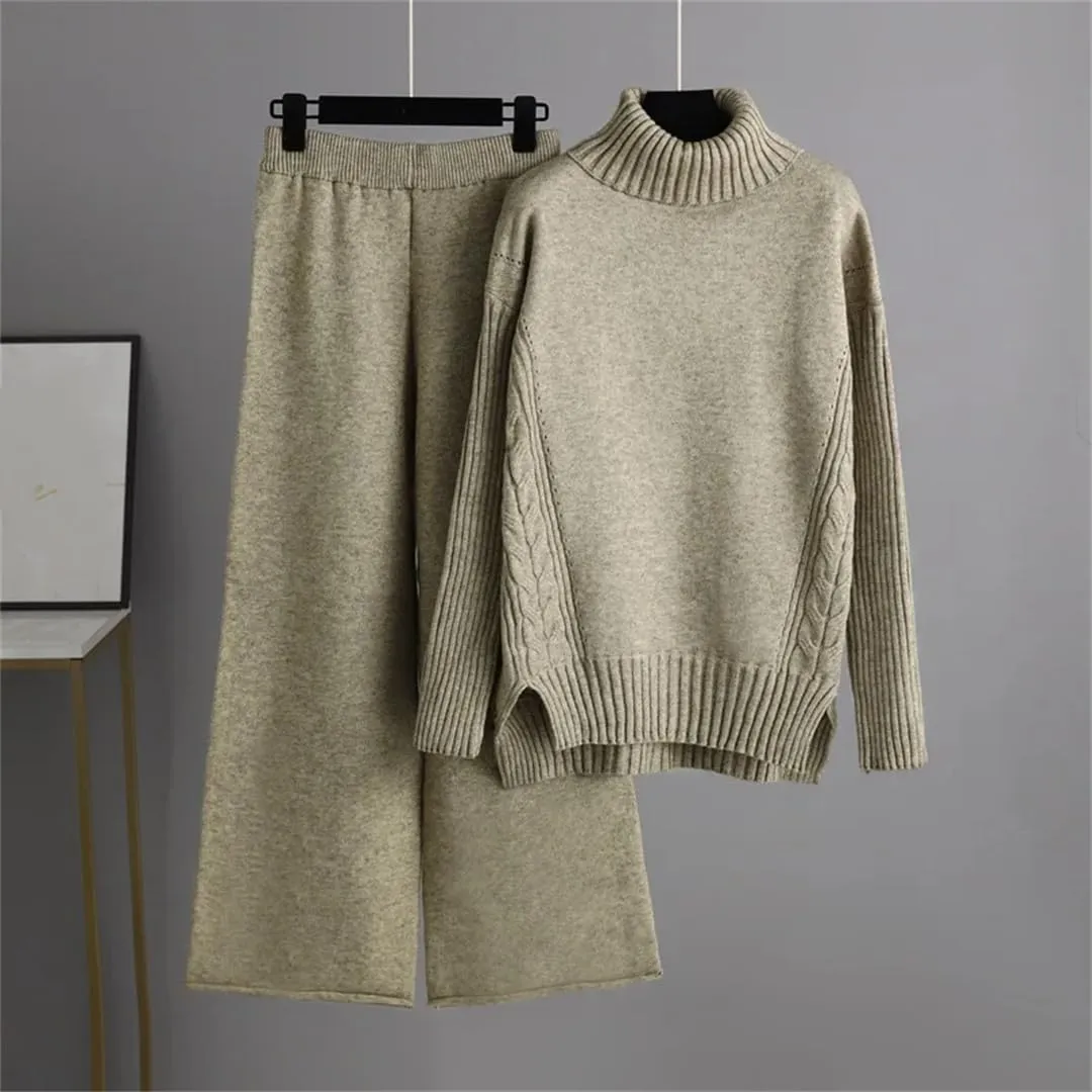 WomenS Oversized Knitted Tracksuit Set Turtleneck Sweater Harem Pants Warm Winter Casual Outfit