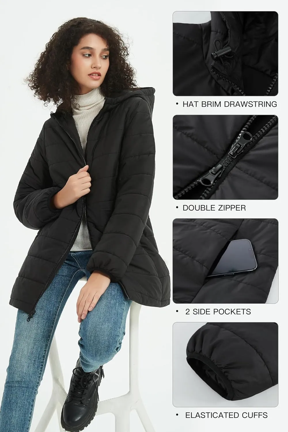 Women's Packable Puffer Jackets Winter Warm Hooded Lightweight Coats Long Sleeve Down Quilted Outerwear