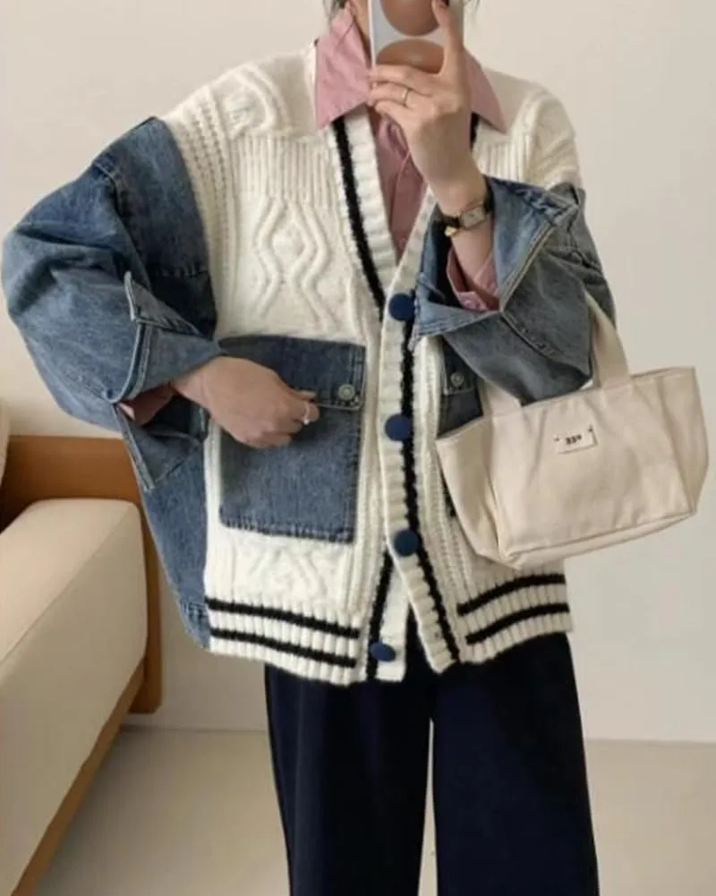 Women's Patchwork Knitted Cardigan Sweater Long Sleeve V Neck Open Front Denim Jacket with Pockets