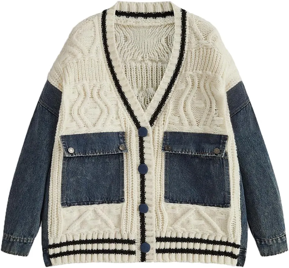Women's Patchwork Knitted Cardigan Sweater Long Sleeve V Neck Open Front Denim Jacket with Pockets