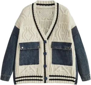 Women's Patchwork Knitted Cardigan Sweater Long Sleeve V Neck Open Front Denim Jacket with Pockets