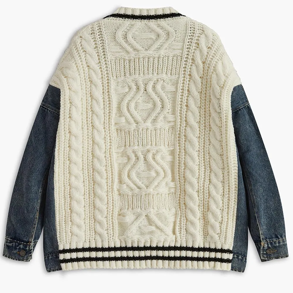 Women's Patchwork Knitted Cardigan Sweater Long Sleeve V Neck Open Front Denim Jacket with Pockets
