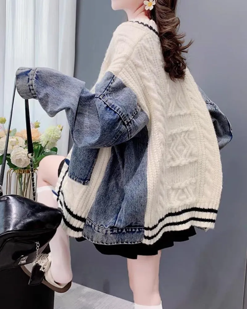 Women's Patchwork Knitted Cardigan Sweater Long Sleeve V Neck Open Front Denim Jacket with Pockets