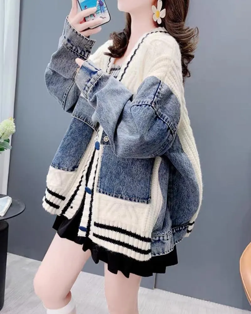Women's Patchwork Knitted Cardigan Sweater Long Sleeve V Neck Open Front Denim Jacket with Pockets