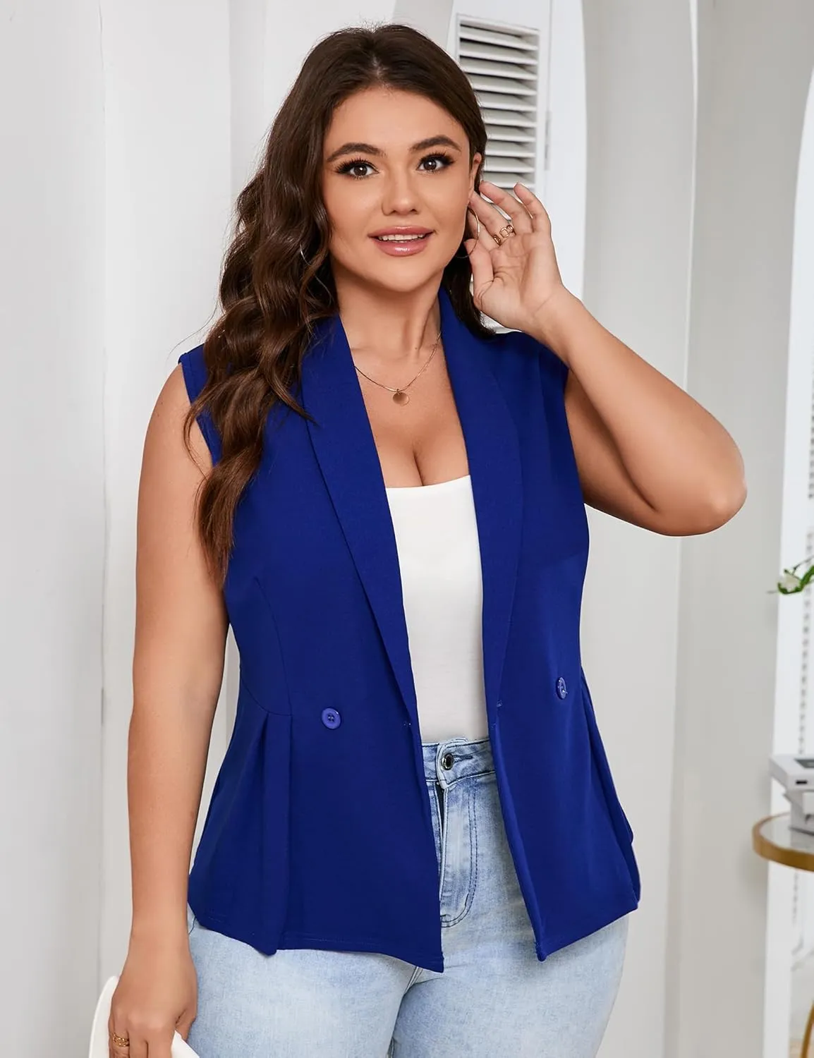 Womens Peplum Sleeveless Blazer Vest Suit Jacket Plus Size Shawl Lapel Button Business Casual Blazer