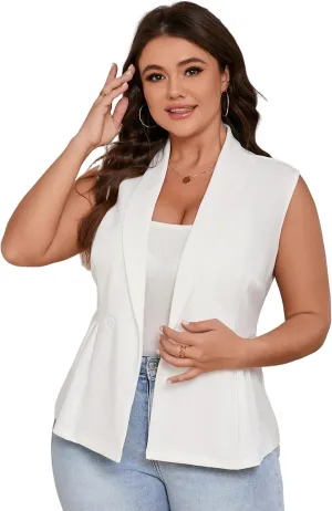 Womens Peplum Sleeveless Blazer Vest Suit Jacket Plus Size Shawl Lapel Button Business Casual Blazer