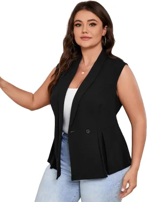 Womens Peplum Sleeveless Blazer Vest Suit Jacket Plus Size Shawl Lapel Button Business Casual Blazer