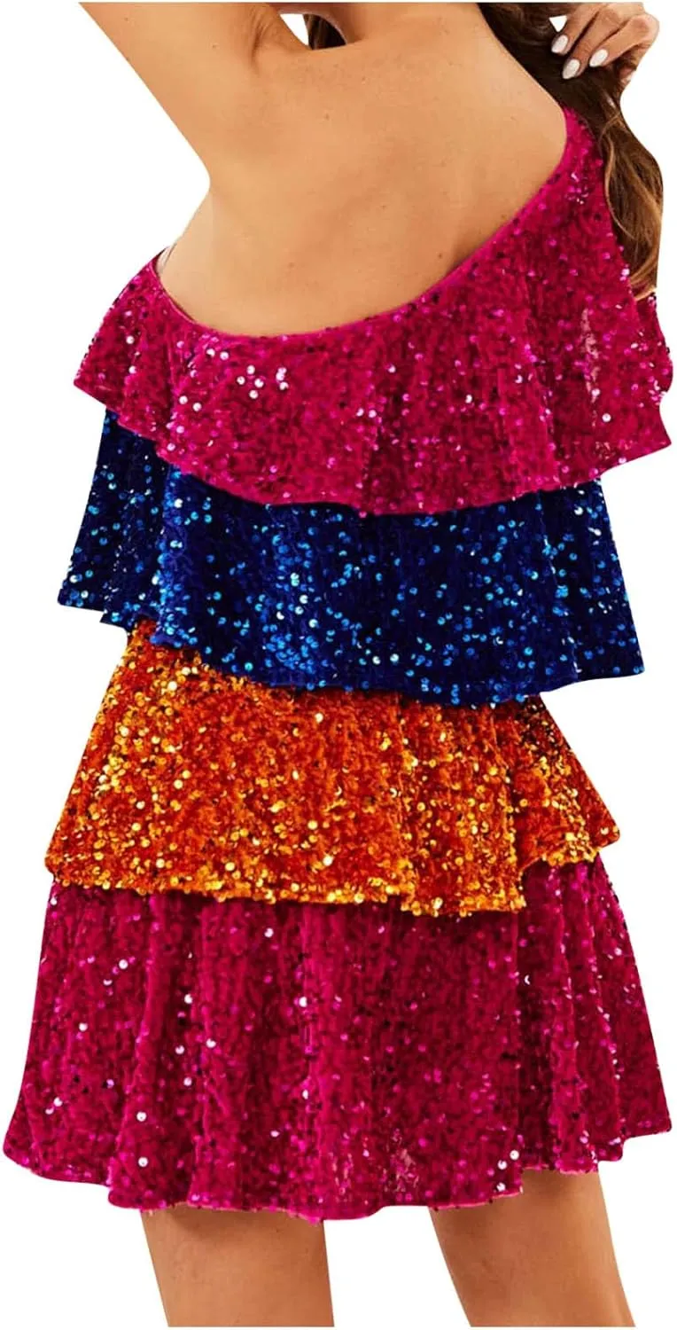 Women's Sequin Dress Elegant One Shoulder Tiered Layered Sleeveless Ruffle Trim Mini Dress Party Prom Evening Gown