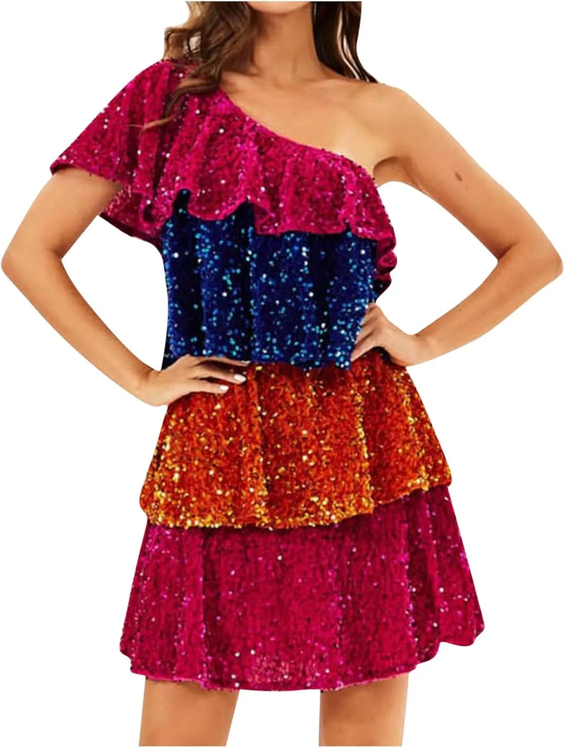 Women's Sequin Dress Elegant One Shoulder Tiered Layered Sleeveless Ruffle Trim Mini Dress Party Prom Evening Gown
