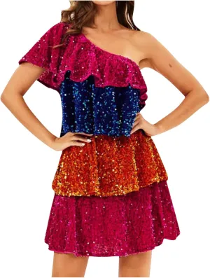 Women's Sequin Dress Elegant One Shoulder Tiered Layered Sleeveless Ruffle Trim Mini Dress Party Prom Evening Gown