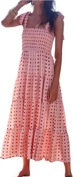 Women's Smocked Maxi Dress Floral Boho Sleeveless Spaghetti Strap Flounce Long Flowy Swing Long Dress