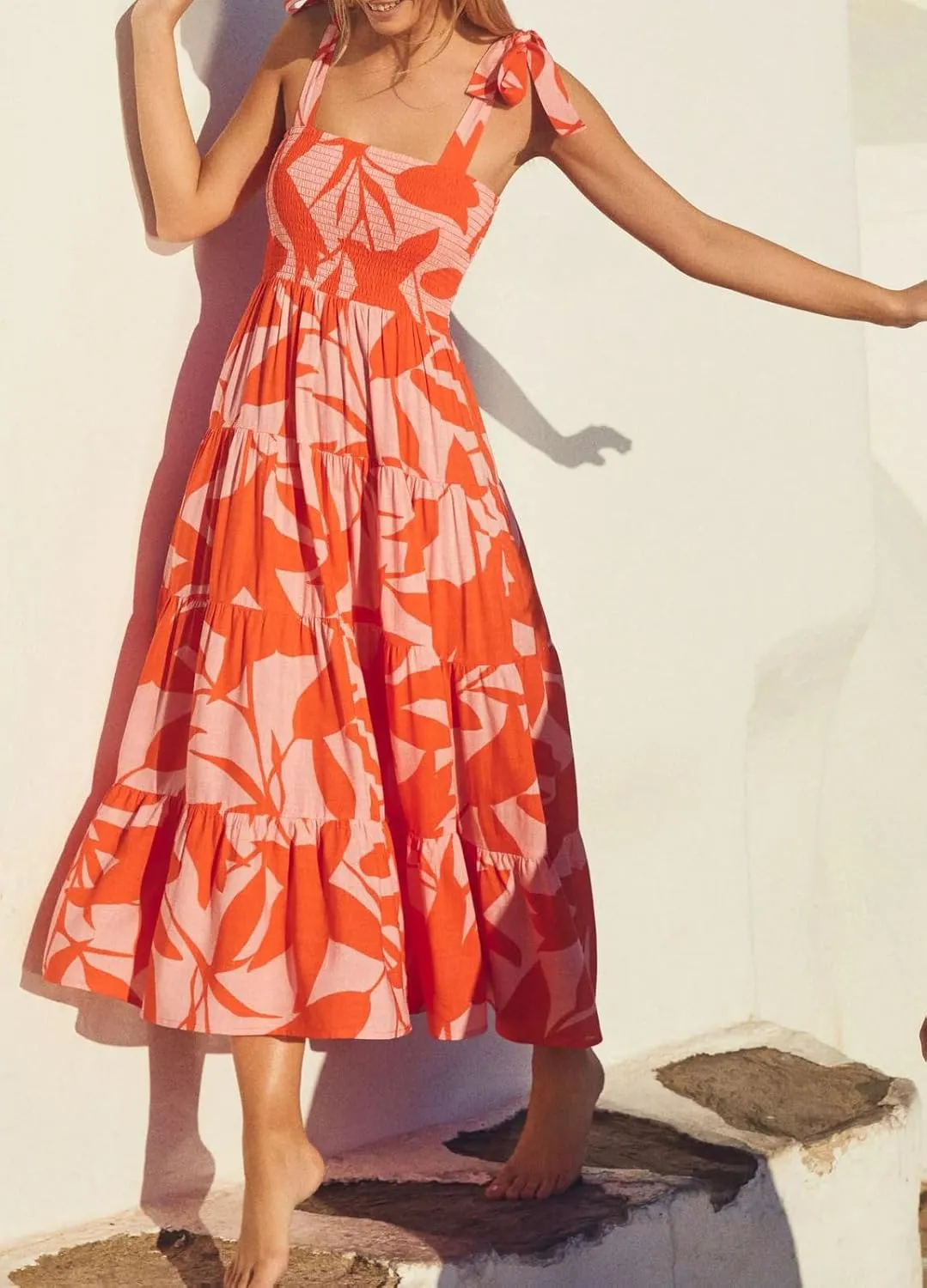 Women's Smocked Maxi Dress Floral Boho Sleeveless Spaghetti Strap Flounce Long Flowy Swing Long Dress