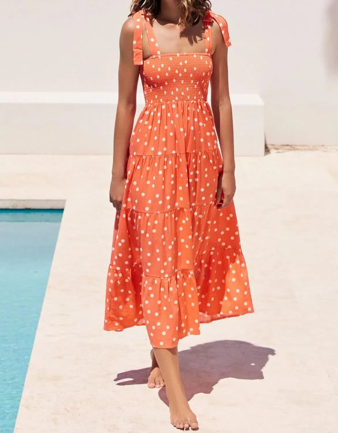 Women's Smocked Maxi Dress Floral Boho Sleeveless Spaghetti Strap Flounce Long Flowy Swing Long Dress