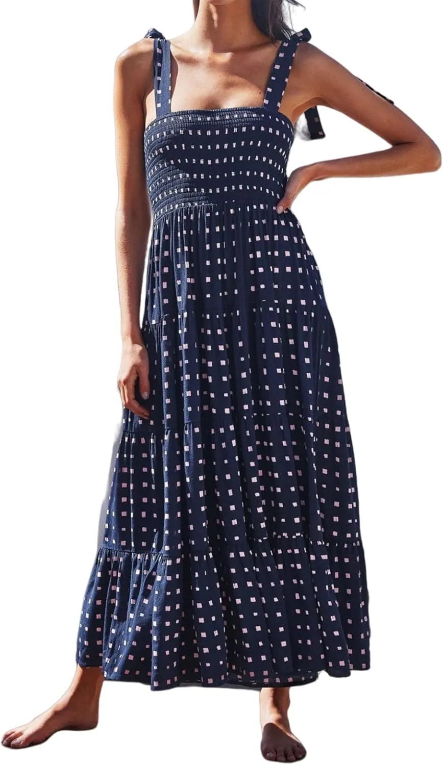 Women's Smocked Maxi Dress Floral Boho Sleeveless Spaghetti Strap Flounce Long Flowy Swing Long Dress