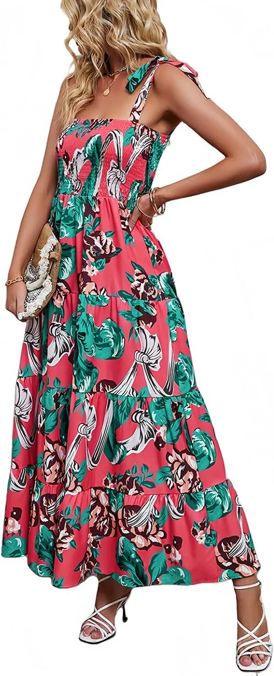 Women's Smocked Maxi Dress Floral Boho Sleeveless Spaghetti Strap Flounce Long Flowy Swing Long Dress