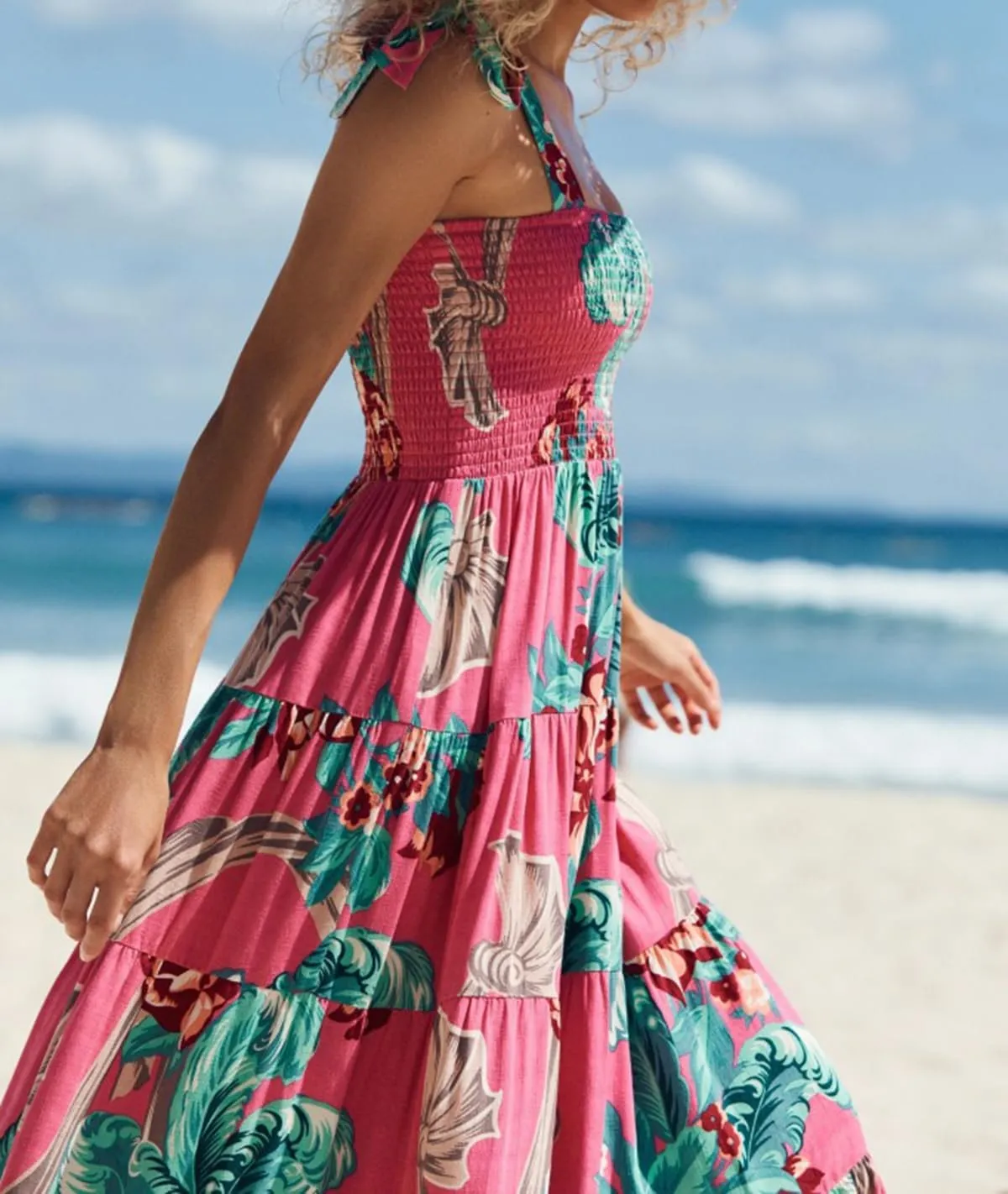 Women's Smocked Maxi Dress Floral Boho Sleeveless Spaghetti Strap Flounce Long Flowy Swing Long Dress