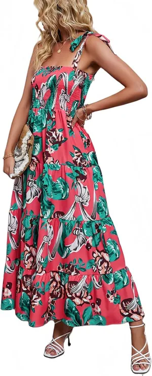 Women's Smocked Maxi Dress Floral Boho Sleeveless Spaghetti Strap Flounce Long Flowy Swing Long Dress