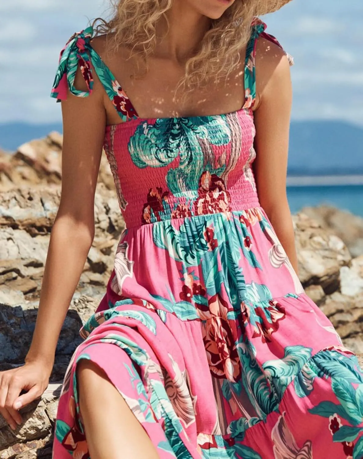 Women's Smocked Maxi Dress Floral Boho Sleeveless Spaghetti Strap Flounce Long Flowy Swing Long Dress