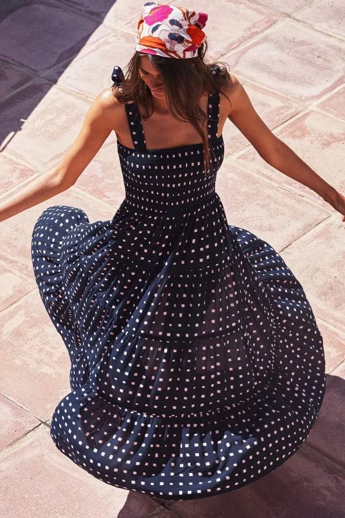 Women's Smocked Maxi Dress Floral Boho Sleeveless Spaghetti Strap Flounce Long Flowy Swing Long Dress