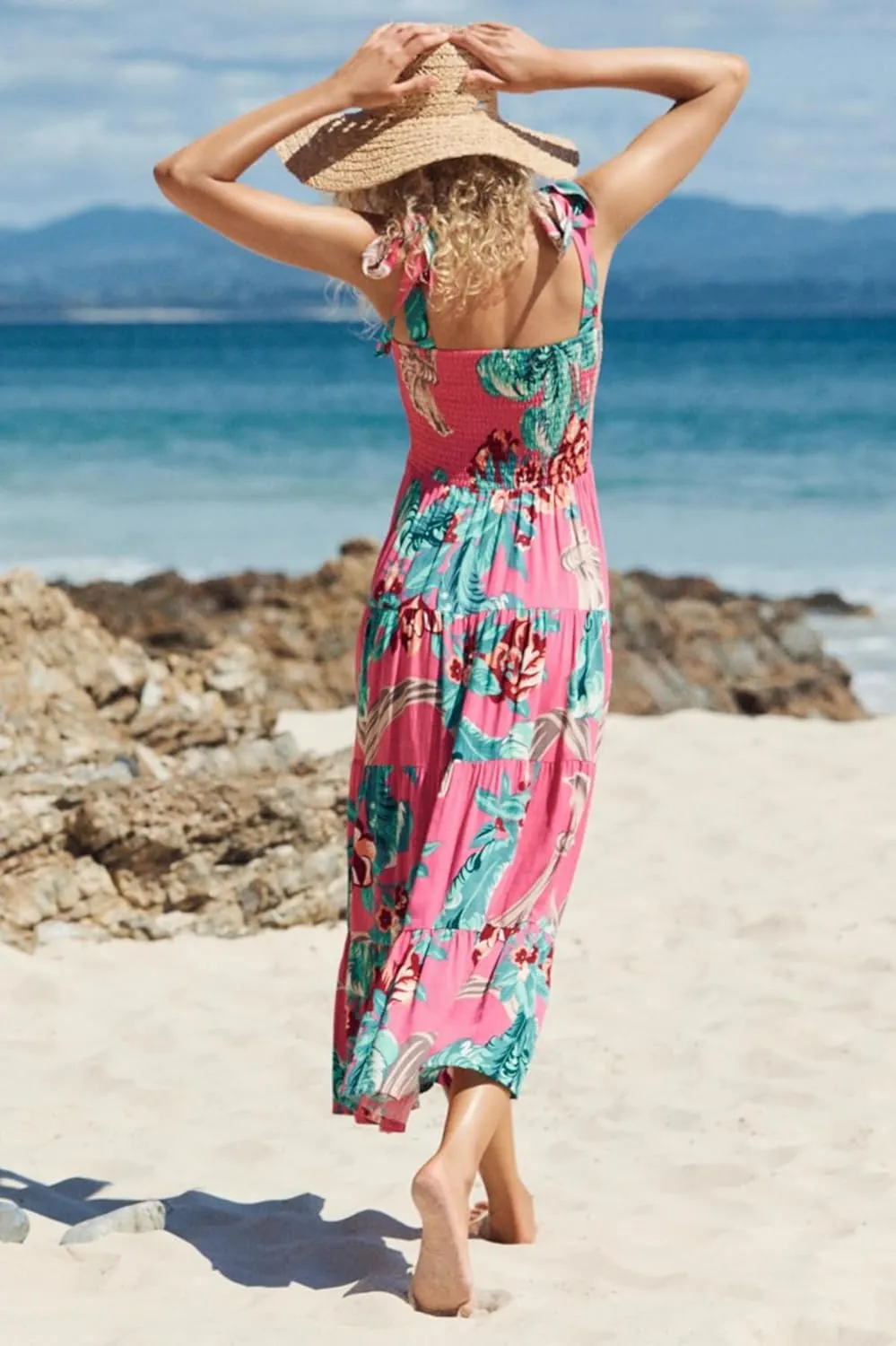 Women's Smocked Maxi Dress Floral Boho Sleeveless Spaghetti Strap Flounce Long Flowy Swing Long Dress