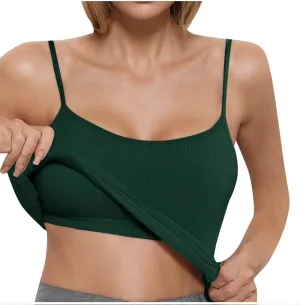 Women's Tank Top With Built In Bra Ribbed Knit Layer Shelf Bra Camisoles Spaghetti Strap Yoga Basic Cami Undershirts