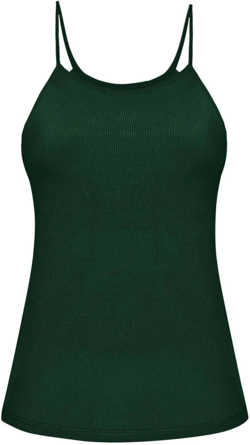 Women's Tank Top With Built In Bra Ribbed Knit Layer Shelf Bra Camisoles Spaghetti Strap Yoga Basic Cami Undershirts