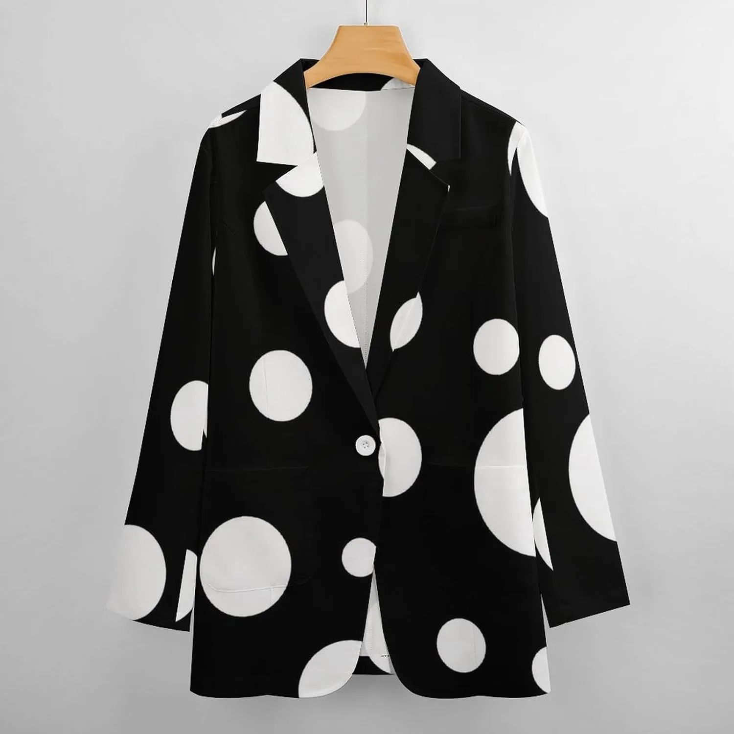 Womens Tweed Blazers Jackets Long Sleeve Open Front Casual Work Suits White Polka Dot Black Background Lapel Coat