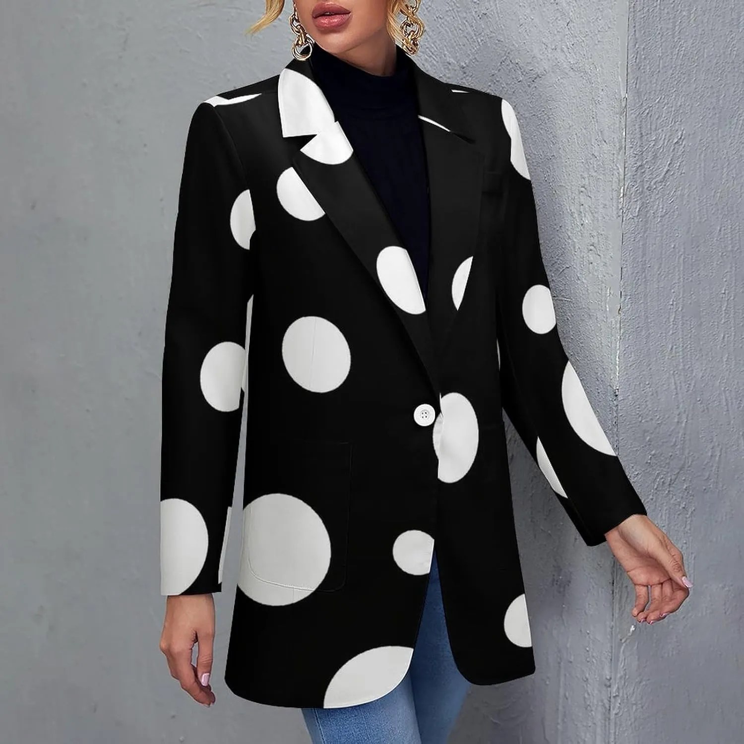 Womens Tweed Blazers Jackets Long Sleeve Open Front Casual Work Suits White Polka Dot Black Background Lapel Coat