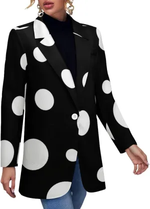 Womens Tweed Blazers Jackets Long Sleeve Open Front Casual Work Suits White Polka Dot Black Background Lapel Coat