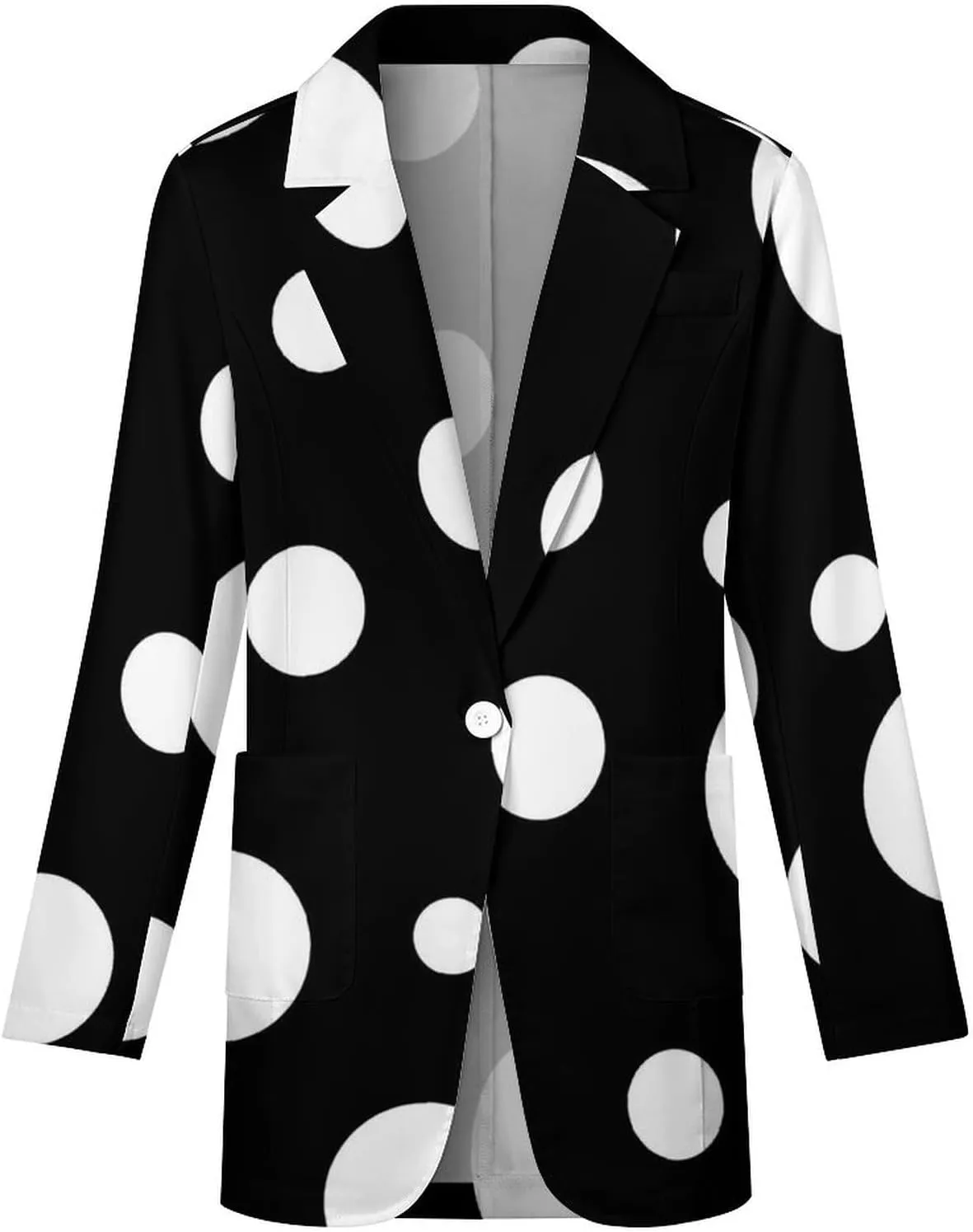 Womens Tweed Blazers Jackets Long Sleeve Open Front Casual Work Suits White Polka Dot Black Background Lapel Coat