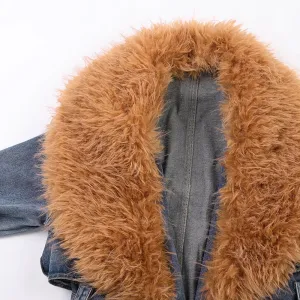 Womens Winter Warm removable fur collar Long Jean Jacket Denim maxi oversize Jacket Trench Coat with Belt