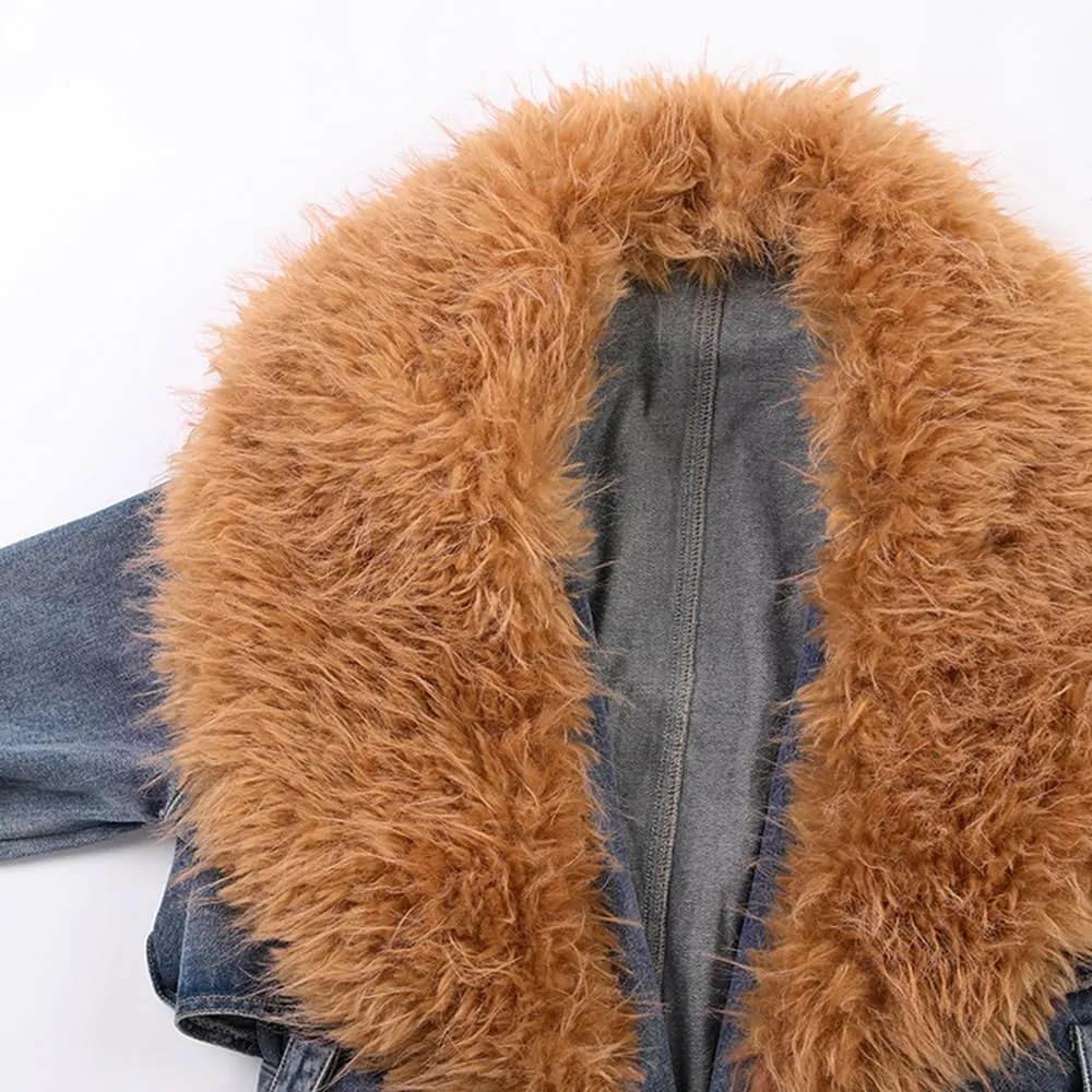 Womens Winter Warm removable fur collar Long Jean Jacket Denim maxi oversize Jacket Trench Coat with Belt