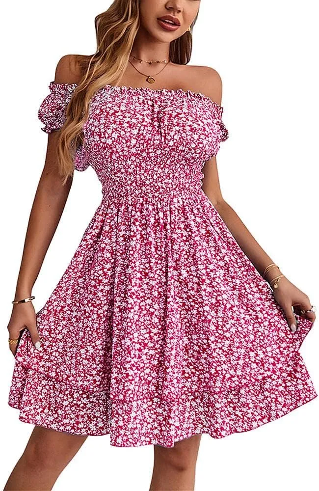 YOXUA Women's Summer Mini Dress, Short Sleeve Ruffle Square Neck Ruched Floral Printed Elastic Waist Layered Sundress