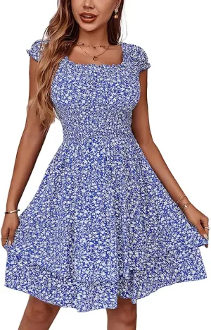 YOXUA Women's Summer Mini Dress, Short Sleeve Ruffle Square Neck Ruched Floral Printed Elastic Waist Layered Sundress